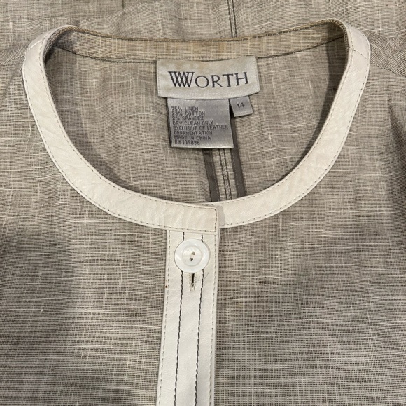 Worth Tan Linen and Leather Button Front Three Quarter Sleeve Blazer Jacket, 14 - Picture 7 of 7